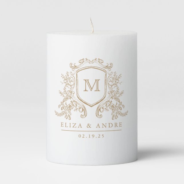 Elegant Gold and White Monogram Wedding Pillar Candle (Front)