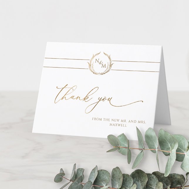 Elegant Gold and White Monogram Wedding Thank You Card (Creator Uploaded)