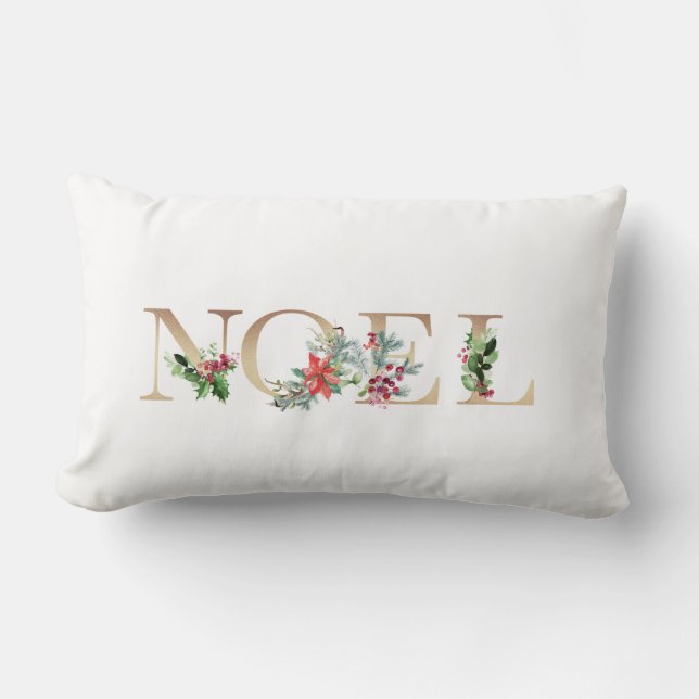 Elegant Gold and White Noel Christmas Holiday Lumbar Pillow (Front)