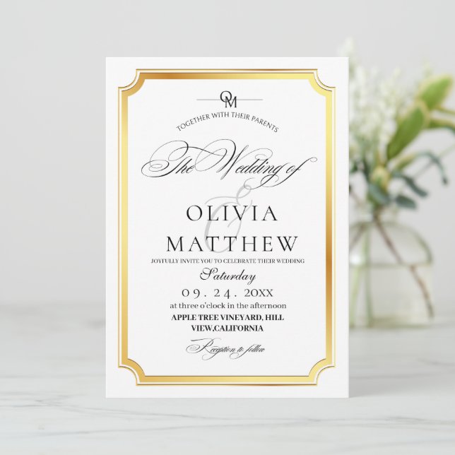 Elegant Gold and White Overlay Photo Wedding Invitation (Standing Front)
