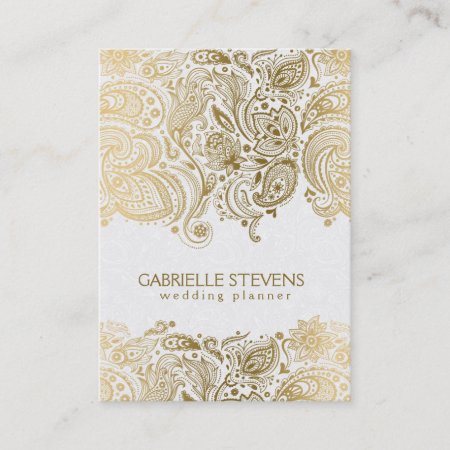 Elegant Gold And White Paisley 3 Wedding Planner Business Card