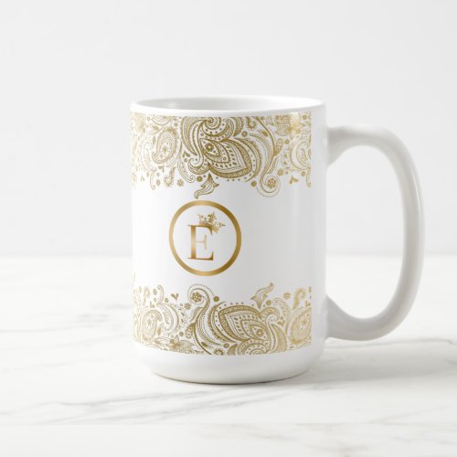 Elegant Gold And White Paisley Monogram Coffee Mug