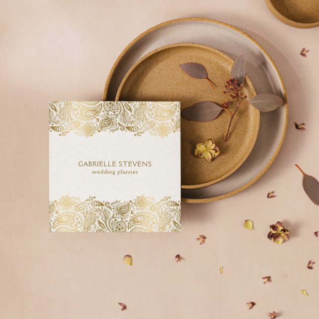 Elegant Gold And White Paisley Wedding Planner Square Business Card (Creator Uploaded)
