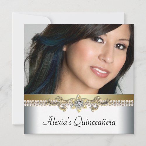 Elegant Gold and White Photo Quinceanera Personalized Invitation