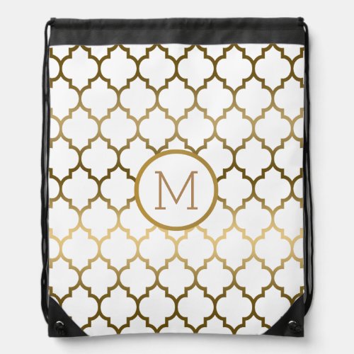 Elegant Gold And White Quatrefoil Modern Pattern Drawstring Bag