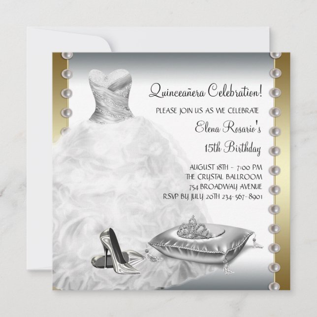 Elegant Gold and White Quinceanera Invitation (Front)