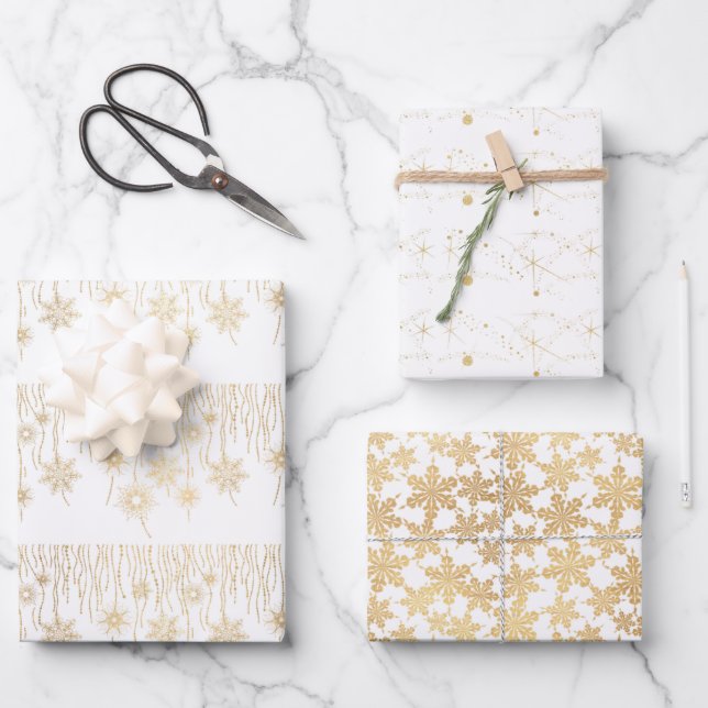 Elegant Gold and White Snowflakes Christmas Wrapping Paper Sheets (Front)