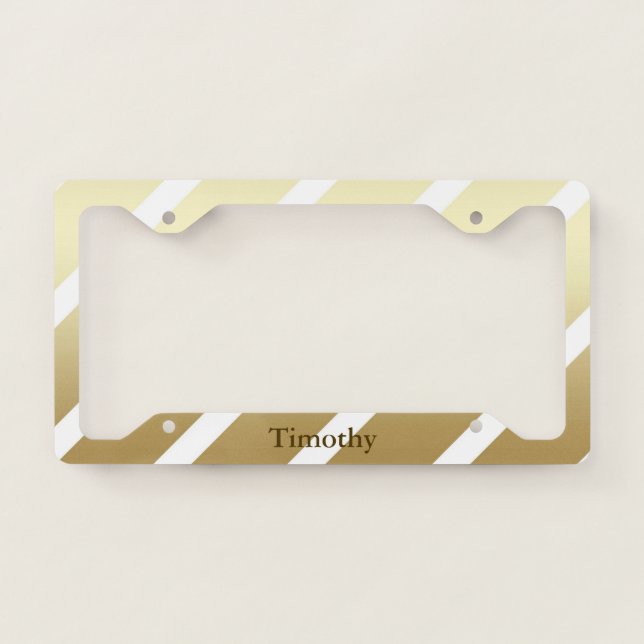 Elegant Gold and White Stripes Name  License Plate Frame (Front)
