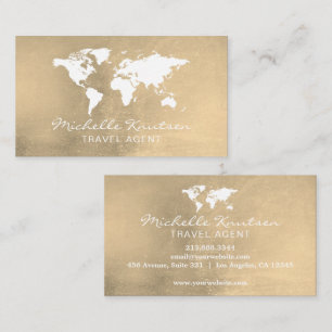 Elegant Gold and White Travel Agent World Map Business Card