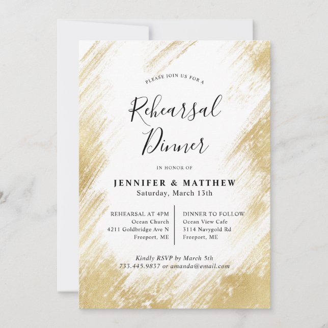 Elegant Gold and White Wedding Rehearsal Dinner Invitation (Front)