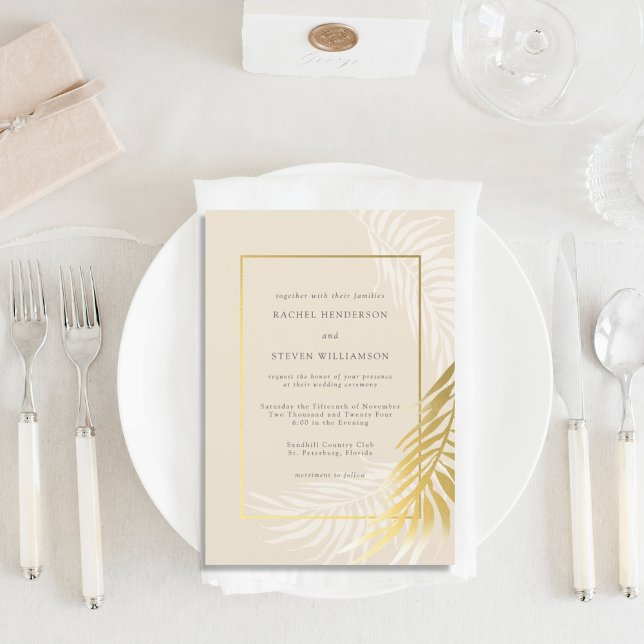 Elegant Gold and White Wedding Tropical Invitation (Creator Uploaded)