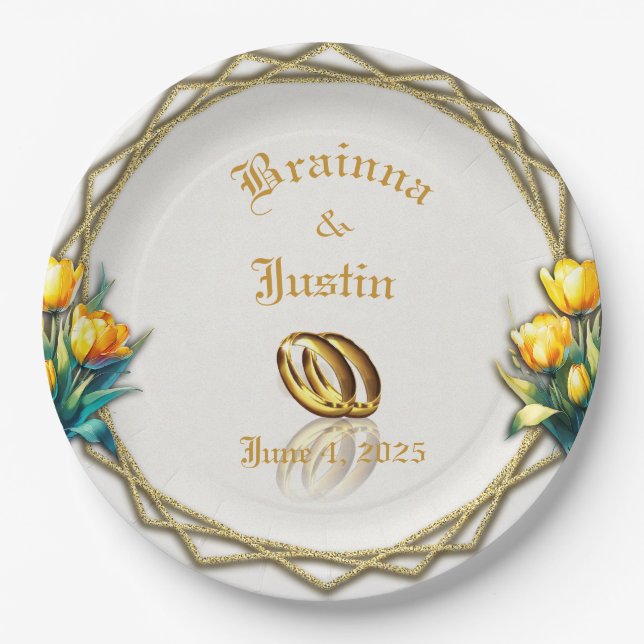 Elegant Gold and White Yellow Tulips Paper Plate (Front)
