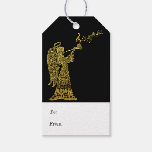 Elegant Gold Angel on Black Christmas Gift Tags