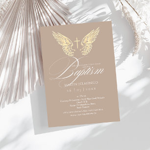 Elegant Gold Angel Wings Typography Cross Baptism Invitation
