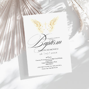 Elegant Gold Angel Wings Typography Cross Baptism Invitation