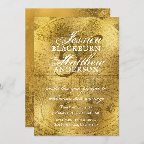 Elegant Gold Antique Old World Map Wedding Invitation