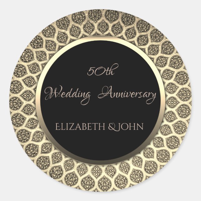 Elegant Gold Arabesque Anniversary Classic Round Sticker (Front)