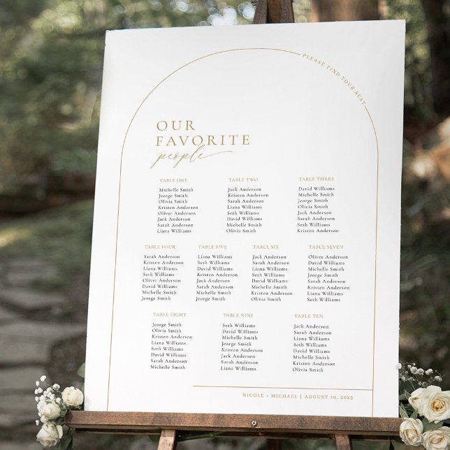 Elegant Gold Arch 10 Tables Welcome Seating Chart (Whimsical Script Black and White Wedding Seating Chart)