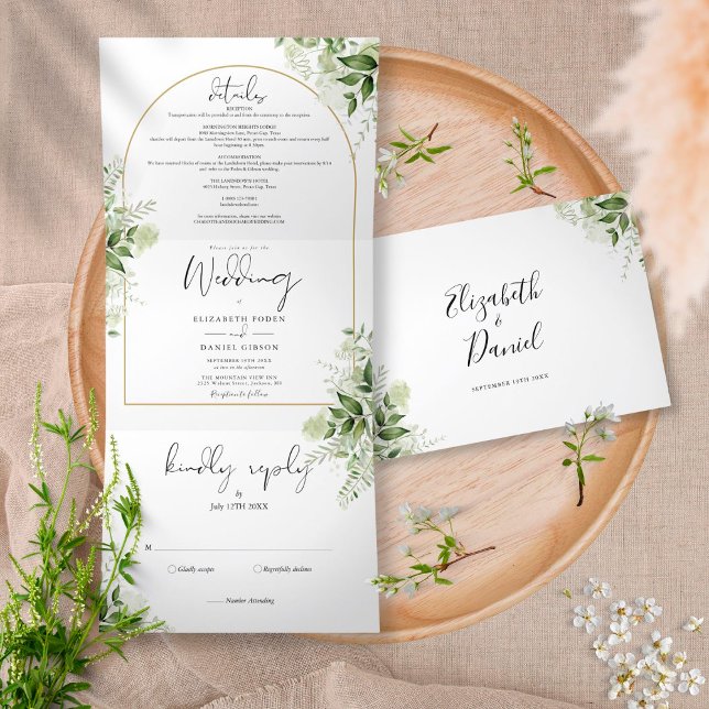 Elegant Gold Arch Botanical Greenery Photo Wedding Tri-Fold Invitation (Creator Uploaded)