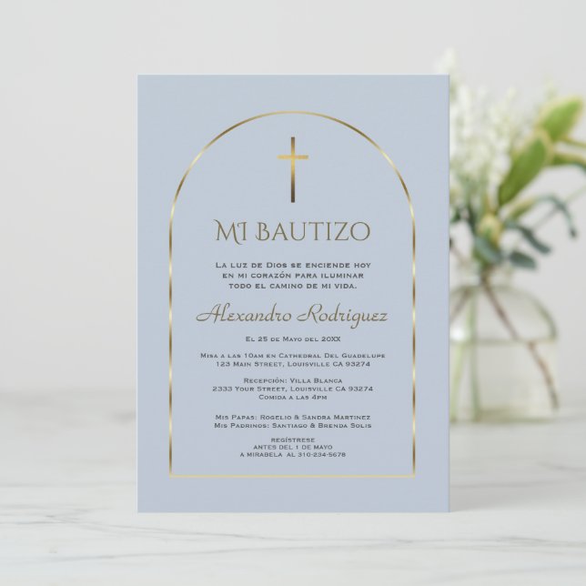 Elegant Gold Arch Dusty Blue Boy Spanish Bautizo  Invitation (Standing Front)