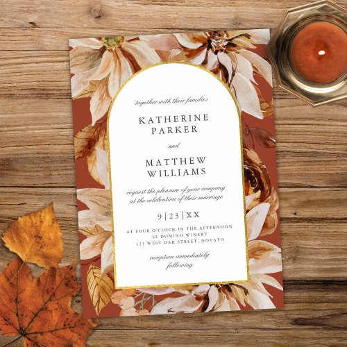 Elegant Gold Arch Fall Watercolor Floral Wedding Invitation