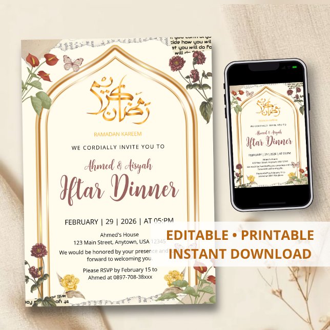 Elegant Gold Arch Floral Ramadan Iftar Dinner Invitation (Creator Uploaded)