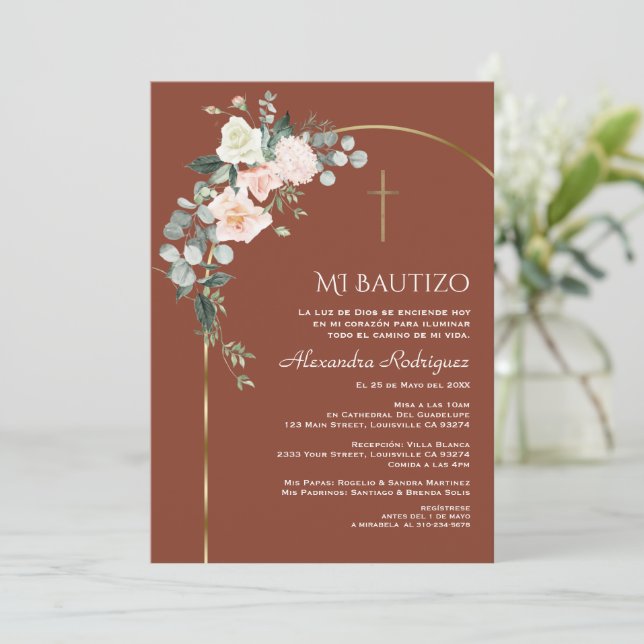 Elegant Gold Arch Floral Terracotta Bautizo Invitation (Standing Front)