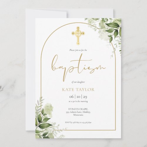 Elegant Gold Arch Greenery Floral Baptism QR Code Invitation