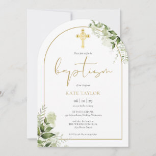 Elegant Gold Arch Greenery Floral Foliage Baptism Invitation