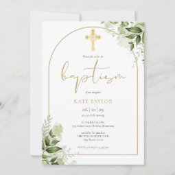 Elegant Gold Arch Greenery Floral Foliage Baptism Invitation | Zazzle