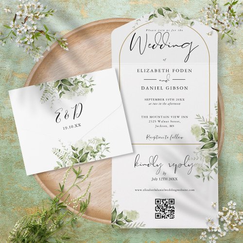 Elegant Gold Arch Greenery Floral QR Code Wedding All In One Invitation