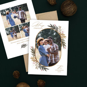 Elegant Gold Arch Greenery Photo Frame Holiday Card