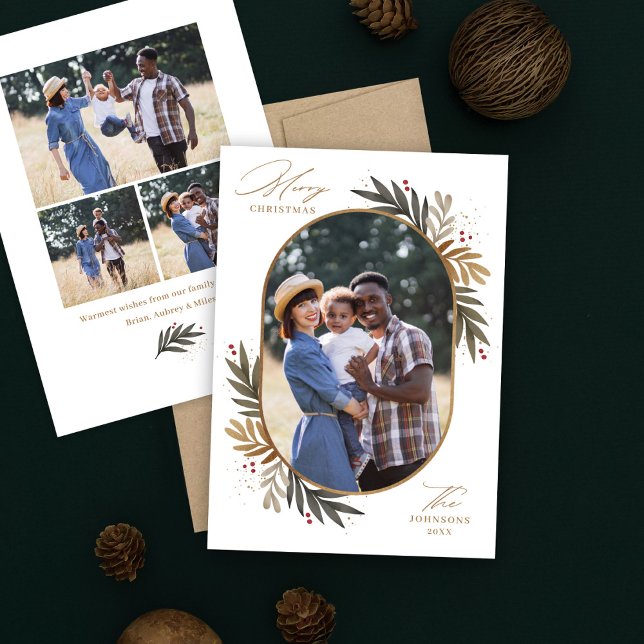 Elegant Gold Arch Greenery Photo Frame Holiday Card (Creator Uploaded)
