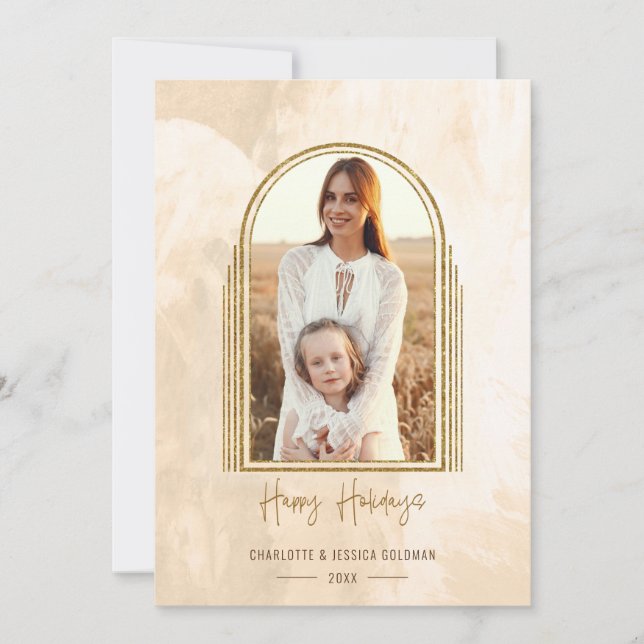 Elegant Gold Arch Happy Holidays Script Photo Holiday Card (Front)