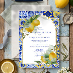 Elegant Gold Arch Italian Blue Tile Lemons Wedding Invitation