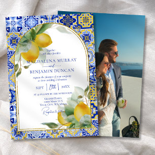 Elegant Gold Arch Italian Blue Tile Lemons Wedding Invitation