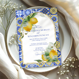 Elegant Gold Arch Italian Blue Tile Lemons Wedding Invitation