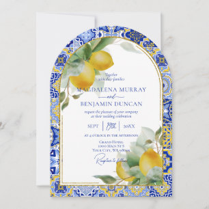 Elegant Gold Arch Italian Blue Tile Lemons Wedding Invitation