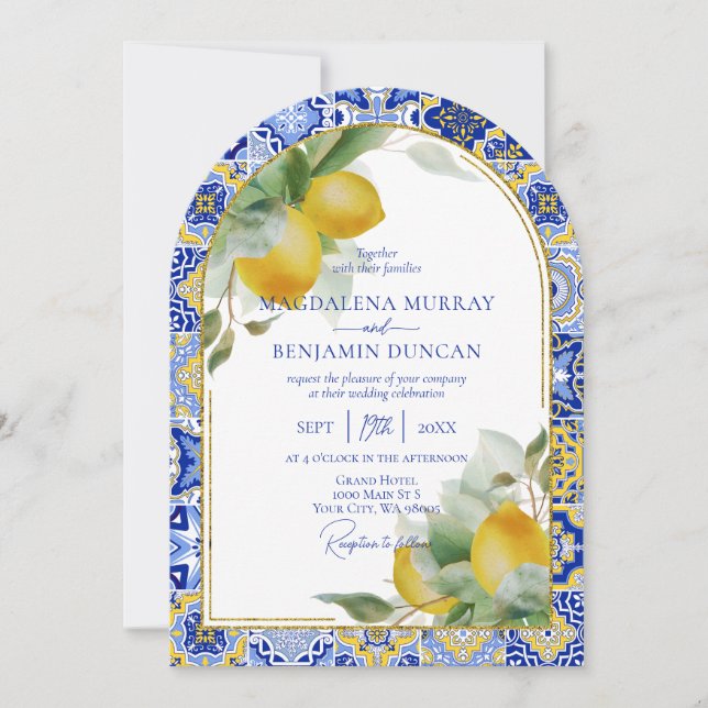 Elegant Gold Arch Italian Blue Tile Lemons Wedding Invitation (Front)