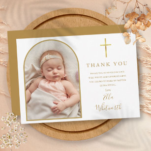 Elegant Gold Arch Photo Signature Script Baptism Thank You Card