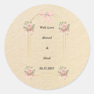 Elegant Gold Arch Pink Floral Pearl Wedding Favor Classic Round Sticker