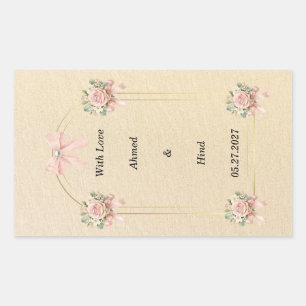 Elegant Gold Arch Pink Floral Pearl Wedding Favor Rectangular Sticker