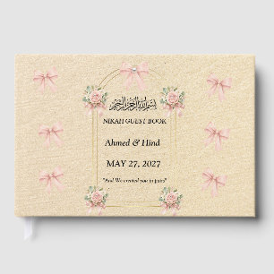 Elegant Gold Arch Pink Floral Pearl Wedding Guest Book