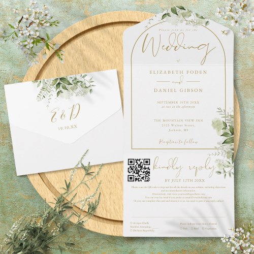 Elegant Gold Arch QR Code Greenery Wedding All In One Invitation