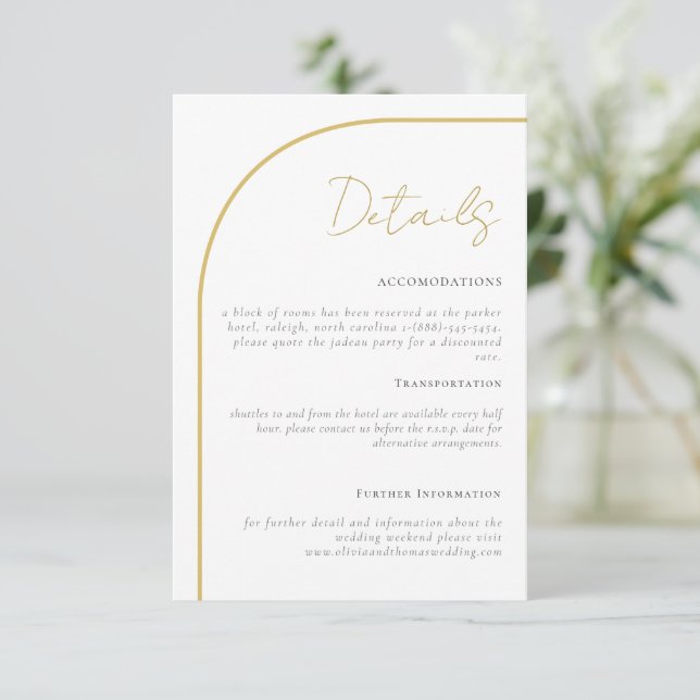 Elegant Gold Arch Wedding Details Enclosure Card (Standing Front)