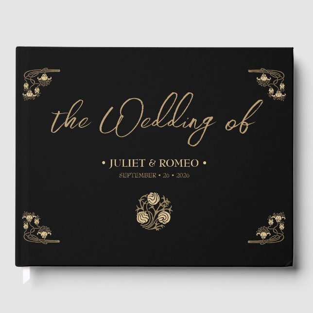 Elegant gold Art Deco & calligraphy black, wedding Guest Book (Front)