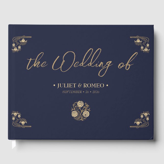 Elegant gold Art Deco & calligraphy blue, wedding Guest Book (Front)