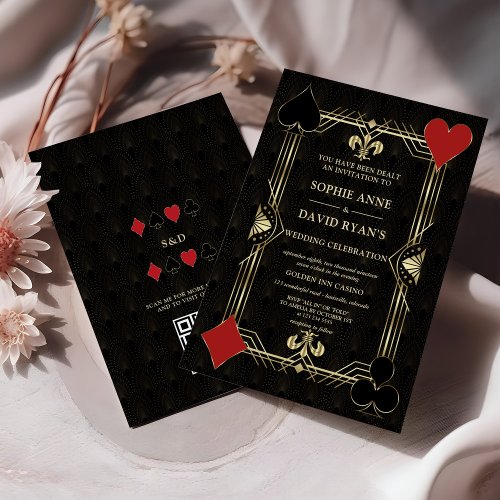 Elegant Gold Art Deco Casino QR Code Wedding  Invitation