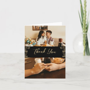 Elegant gold Art Deco on black, 2 photos wedding T Letterpress Thank You Card