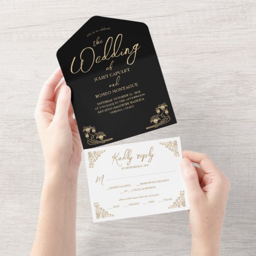 Elegant gold Art Deco on black All In One wedding  All In One Invitation